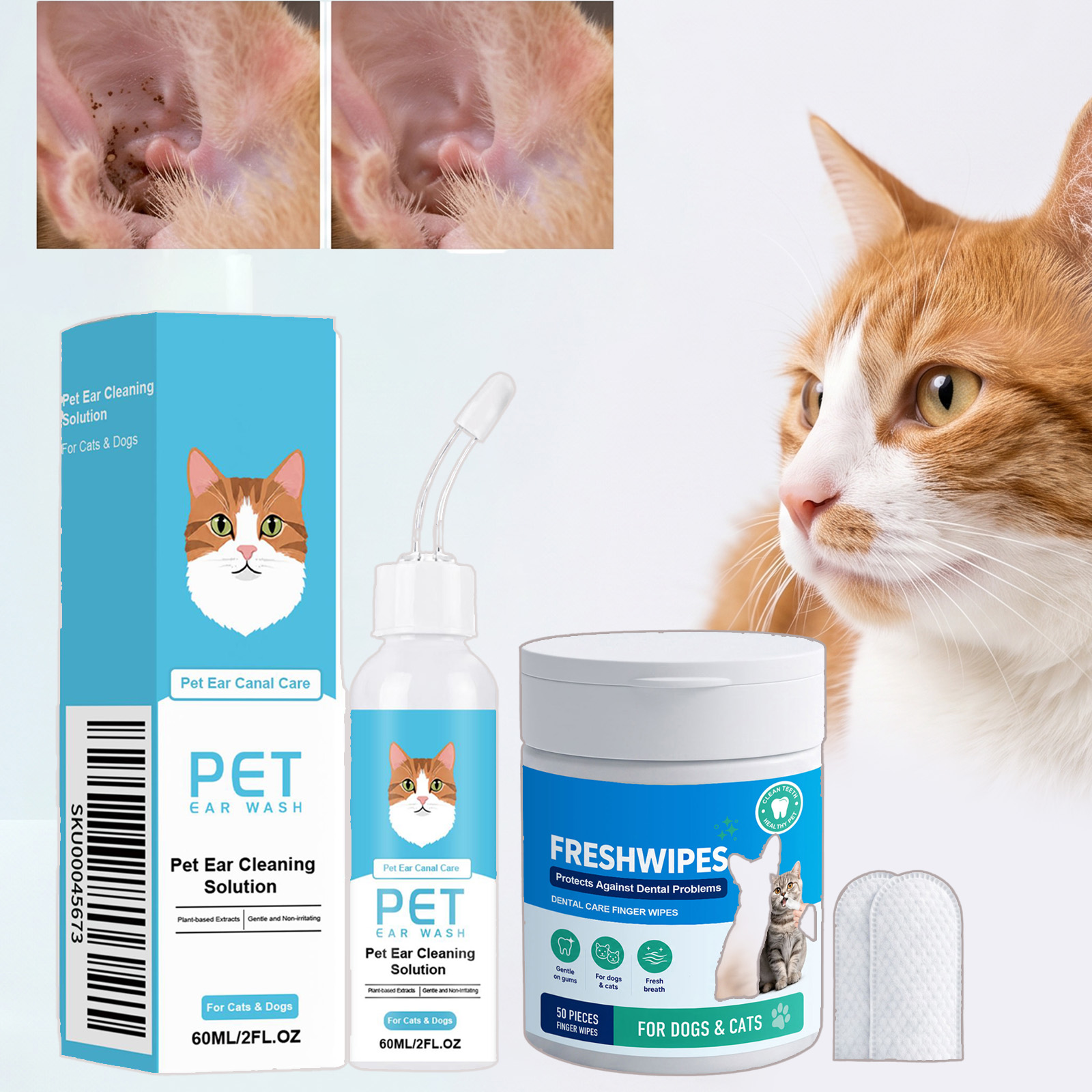 Pet Ear Cleaner - ชุดน้ำยาทำความสะอาดหูสัตว์เลี้ยง 2 ชิ้น สำหรับสุนัขและแมว ช่วยขจัดขี้หู ไร