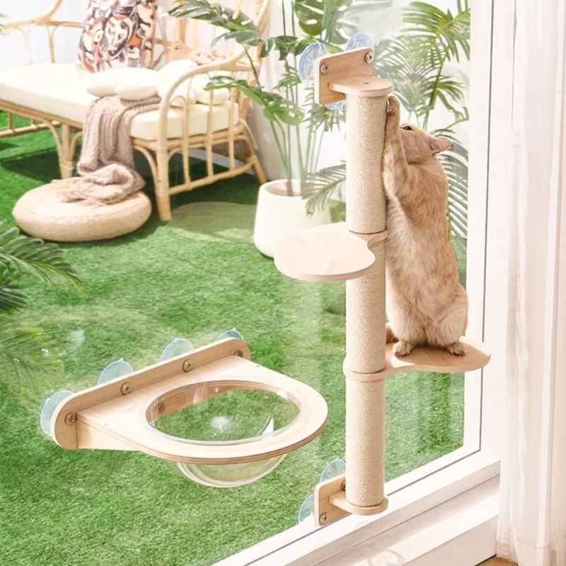 Cat Window Perch - ที่นั่งแมวติดหน้าต่างพร้อมโครงไม้สำหรับแมวในบ้าน แบบติดกระจกด้วยถ้วยดูด สำหรับระเบียง ที่อยู่อาศัยแมว ซักล้างได้ รองรับแมวขนาดใหญ่