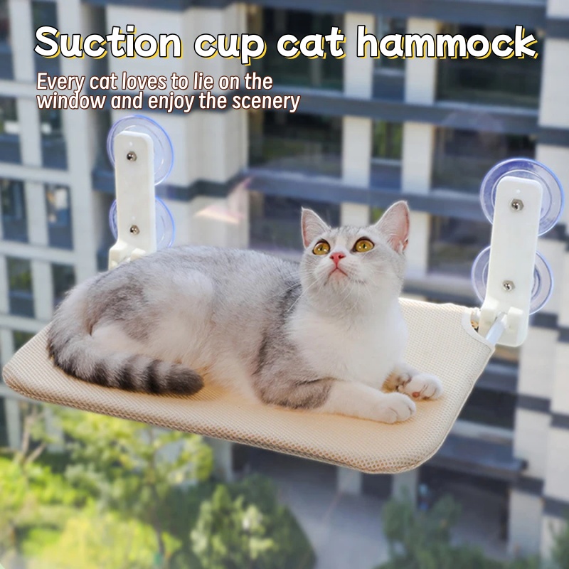 Cat Window Perch - ที่นอนแมวแบบติดหน้าต่างพร้อมถ้วยดูดสองชั้น พับเก็บได้ ทำจากตาข่าย ไม่ต้องประกอบ ติดผนังได้ แท่นกระโดดสำหรับแมว