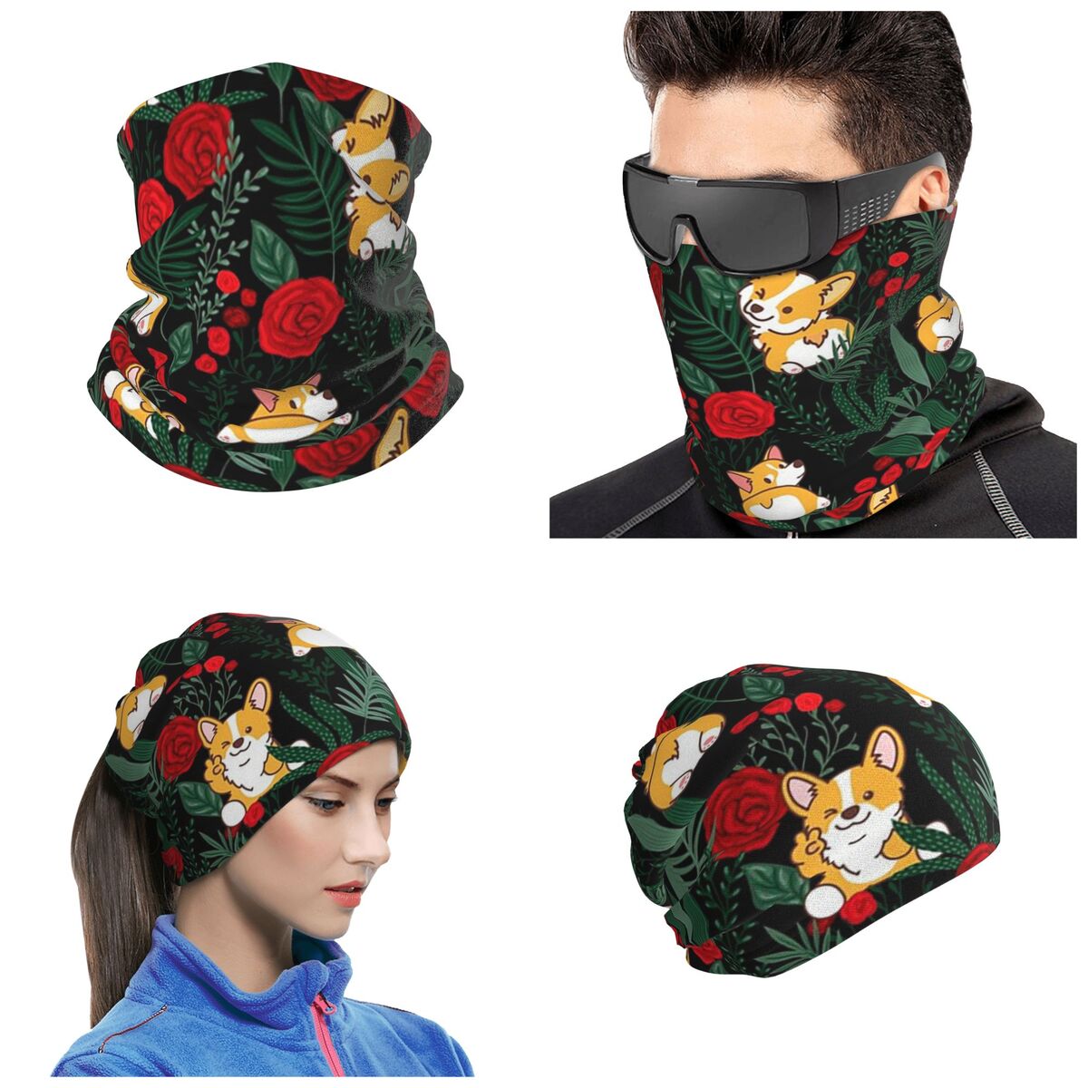 Dog Bandana Scarf - ผ้าพันคอพิมพ์ลายคอร์กี้ในสวน ผ้าคลุมคอ หน้ากาก ผ้าพันคอสำหรับกีฬากลางแจ้ง ปั่นจักรยาน สำหรับผู้ชาย