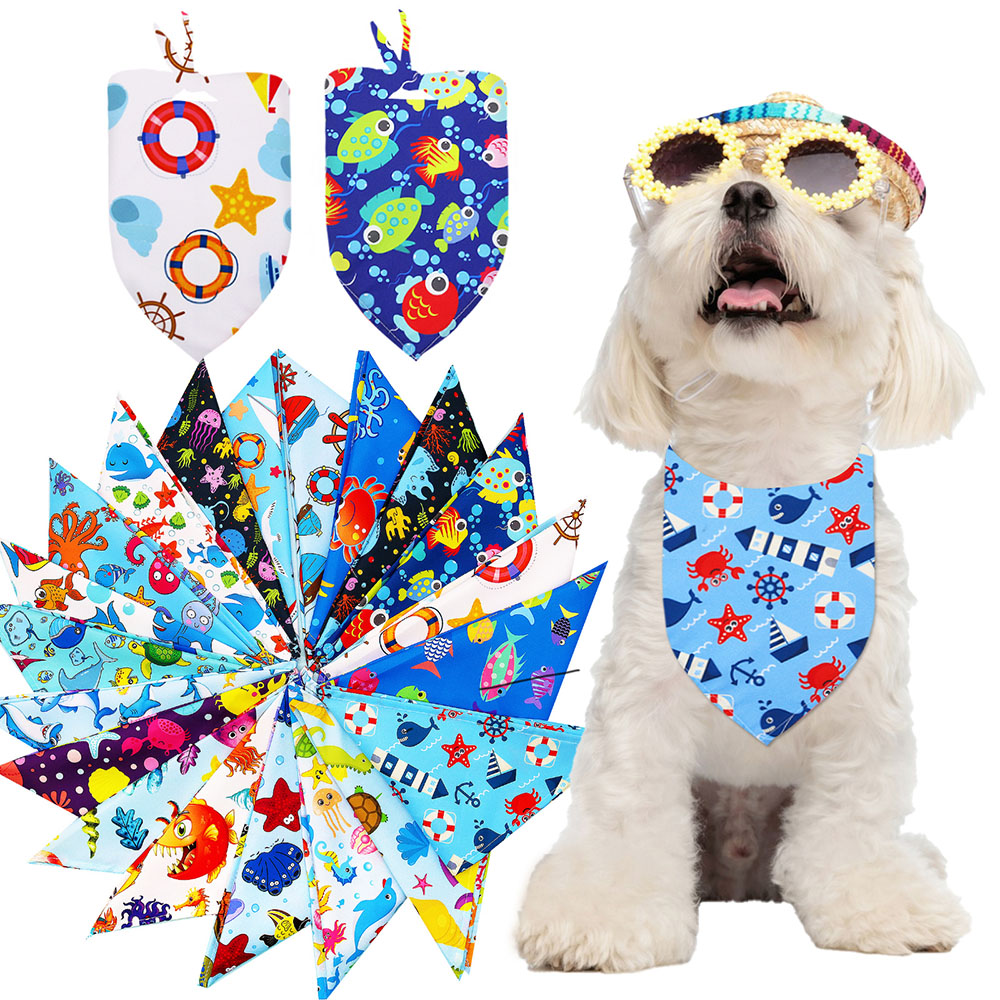 Dog Bandana Scarf - ผ้าพันคอสุนัข 50 ชิ้น แฟชั่นสไตล์มหาสมุทร สำหรับสุนัขและแมวขนาดเล็ก ผ้าพันคอปรับได้สำหรับสุนัขและลูกสุนัข